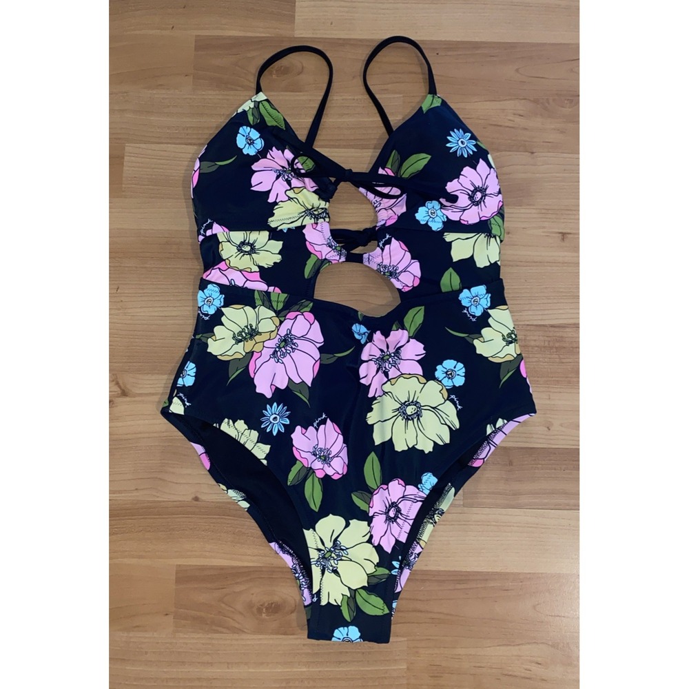 Victoria's Secret PINK Triangle Cutout One-Piece Swimsuit Size L Retro Floral‎